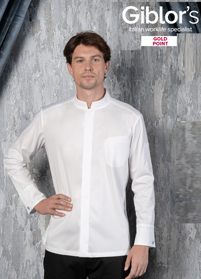 Uomo con camicia bianca elegante a collo coreano indossata per lavoro professionale con sfondo grigio e logo Giblor's Gold Point