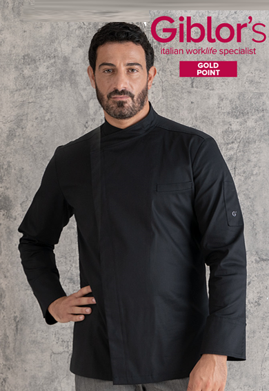 Uomo con giacca da cuoco nera su sfondo grigio con scritta Giblor's italian worklife specialist Gold Point, abbigliamento professionale cucina