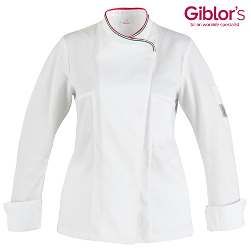 Giacca da cucina bianca per donna Giblor's con bordino tricolore e chiusura asimmetrica elegante e professionale