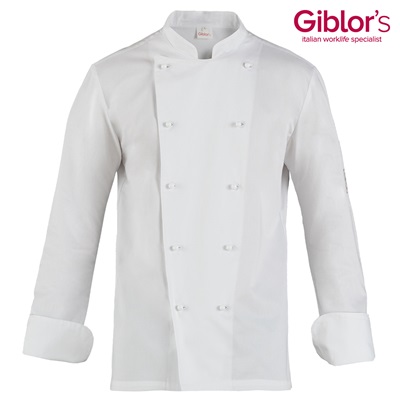 Giacca da chef bianca a doppio petto con bottoni a pressione firmata Giblor's per abbigliamento professionale cucina