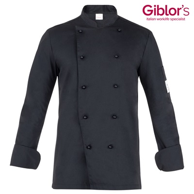 Giacca da chef nera a maniche lunghe con bottoni doppi, abbigliamento professionale per cucina di Giblor's.