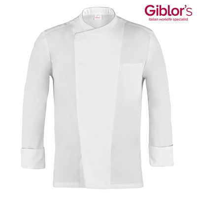 Giacca da chef bianca a maniche lunghe con chiusura a bottoni nascosti e taschino, marca Giblor's worklife specialist italiano.