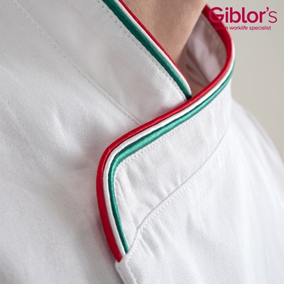 Colletto bianco con bordi rosso e verde di una giacca da chef Giblor's per abbigliamento professionale cucina