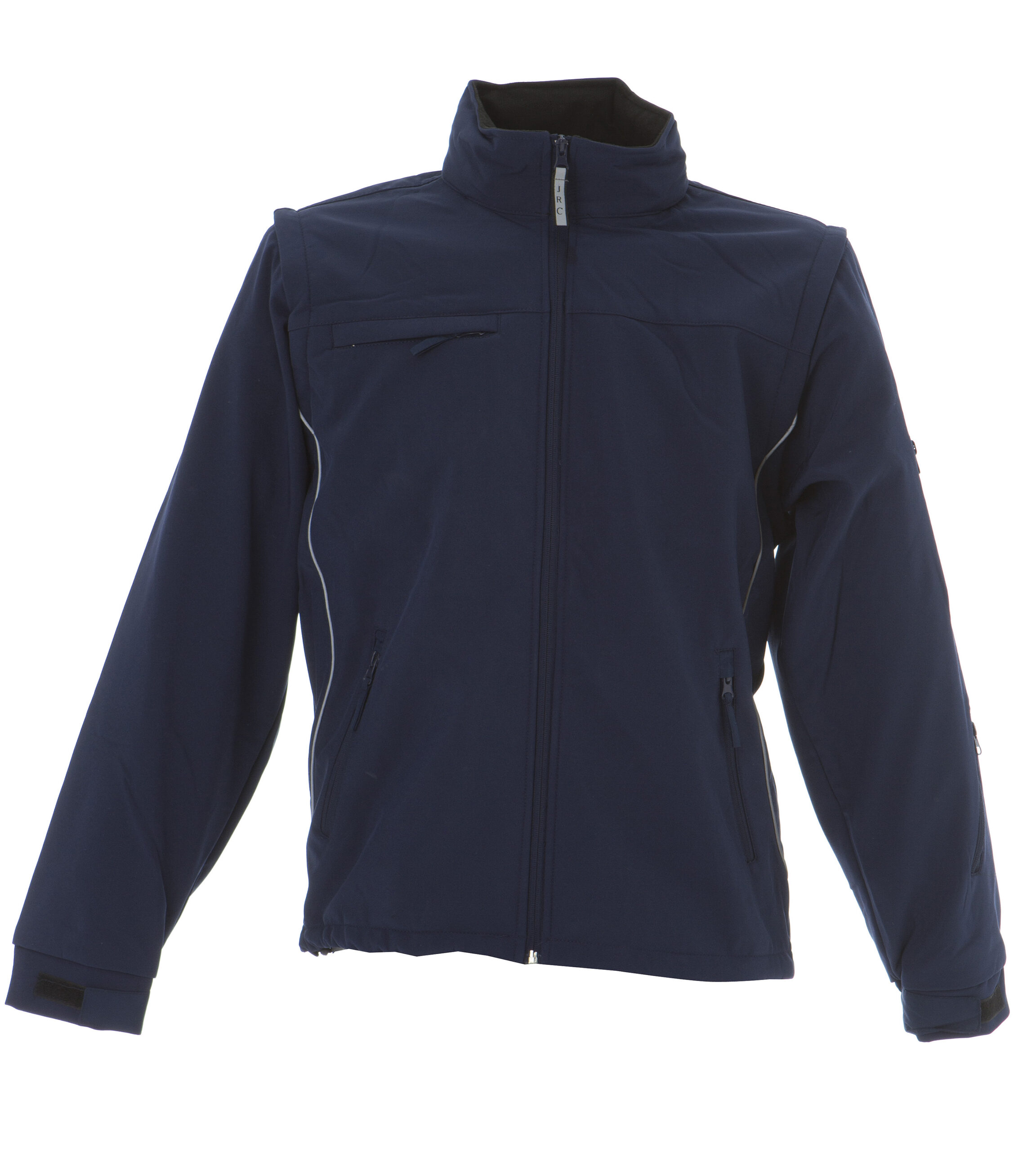 Giacca softshell blu scuro con cerniere frontali e tasche laterali, collo alto e polsini regolabili.