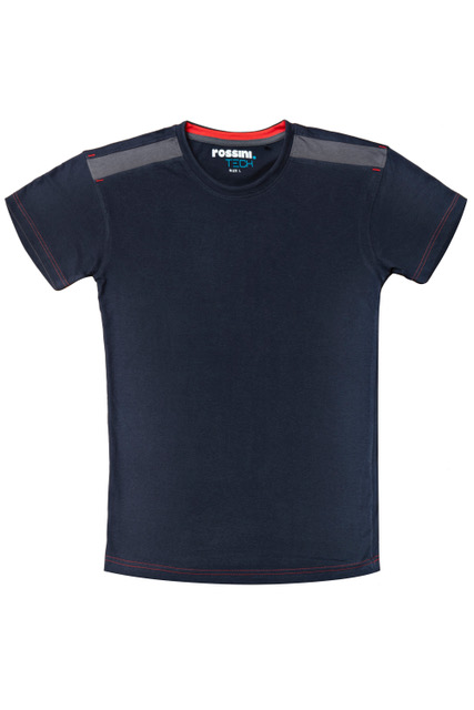 Maglietta tecnica da uomo Rossini Tech blu scuro con dettagli grigi sulle spalle e cuciture rosse a contrasto.