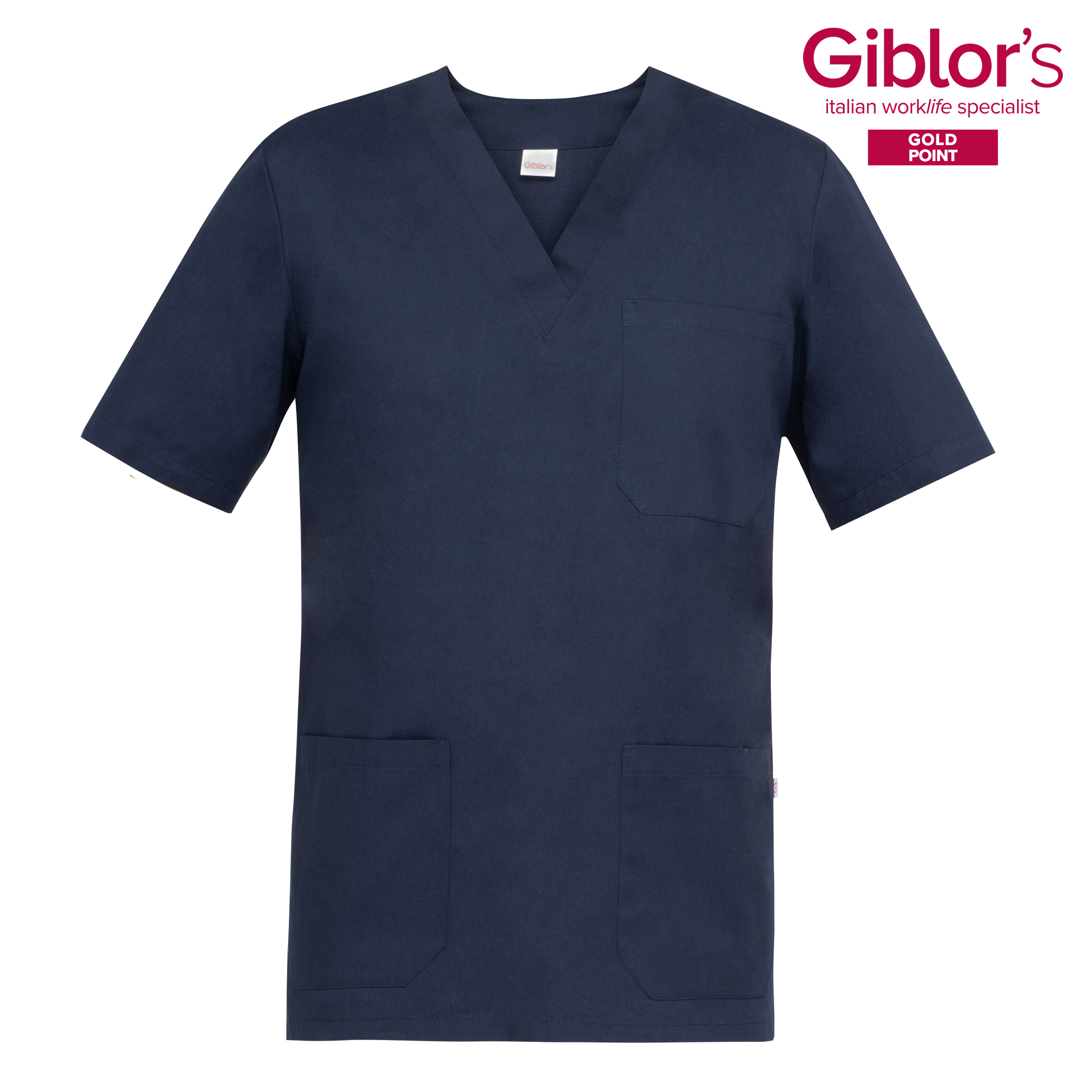 Casacca da lavoro blu navy a maniche corte con scollo a V e tre tasche, modello professionale Giblor's Gold Point