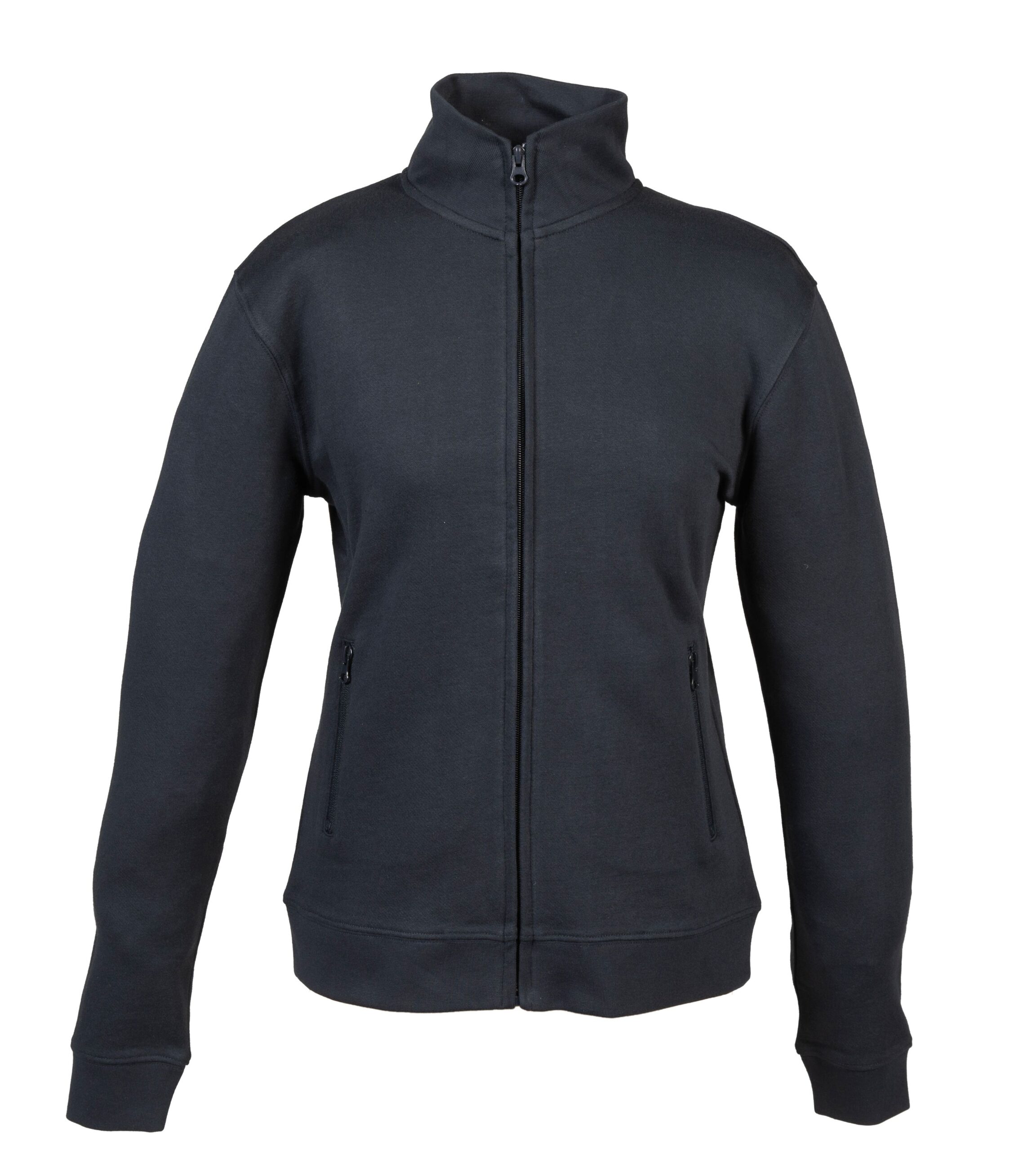 Felpa nera con cerniera frontale, collo alto e tasche laterali con chiusura zip, senza cappuccio.