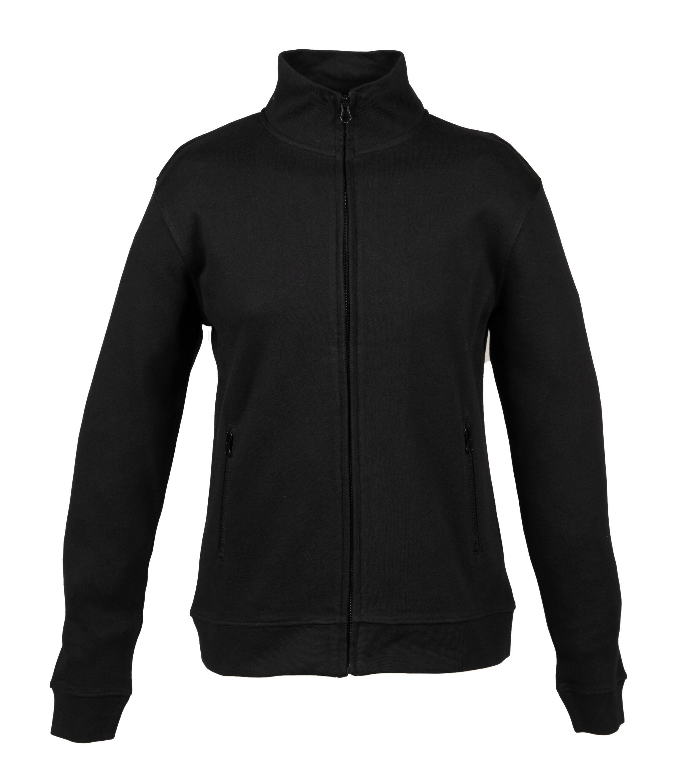 Felpa nera con zip centrale, colletto alto e tasche con zip ai lati, stile casual e sportivo.