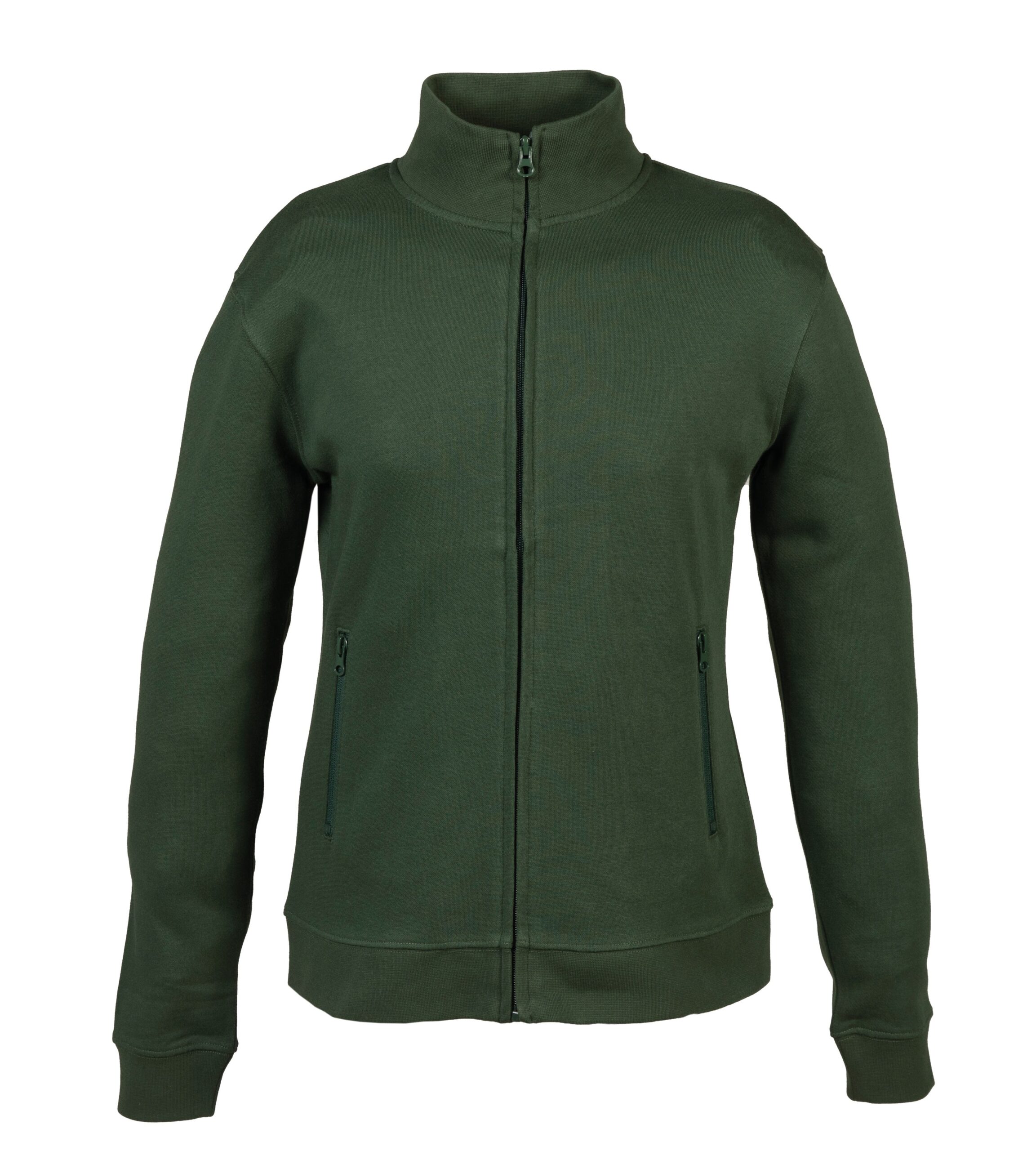Felpa verde militare con zip centrale, collo alto e tasche laterali con cerniera, modello unisex a manica lunga.