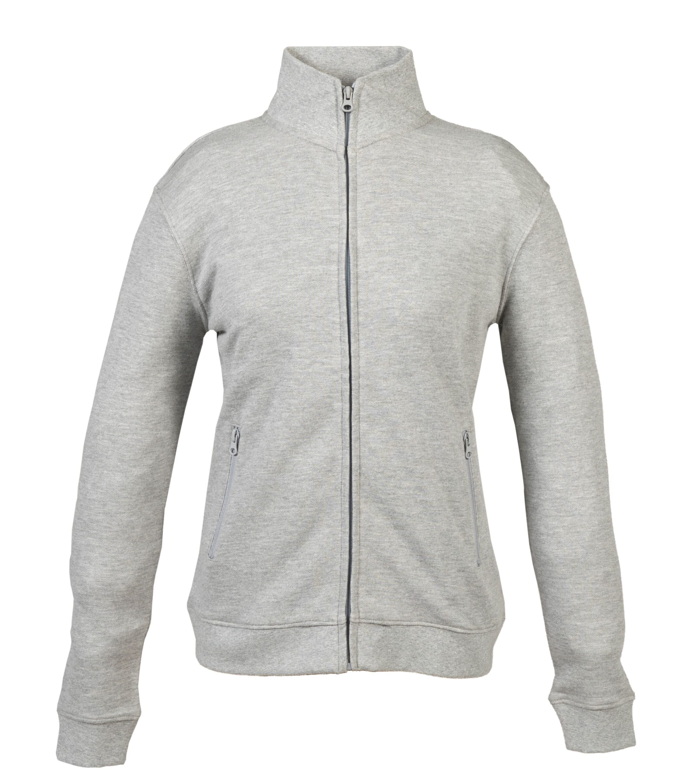 Felpa grigia chiara con zip frontale, collo alto e tasche laterali con chiusura a zip.