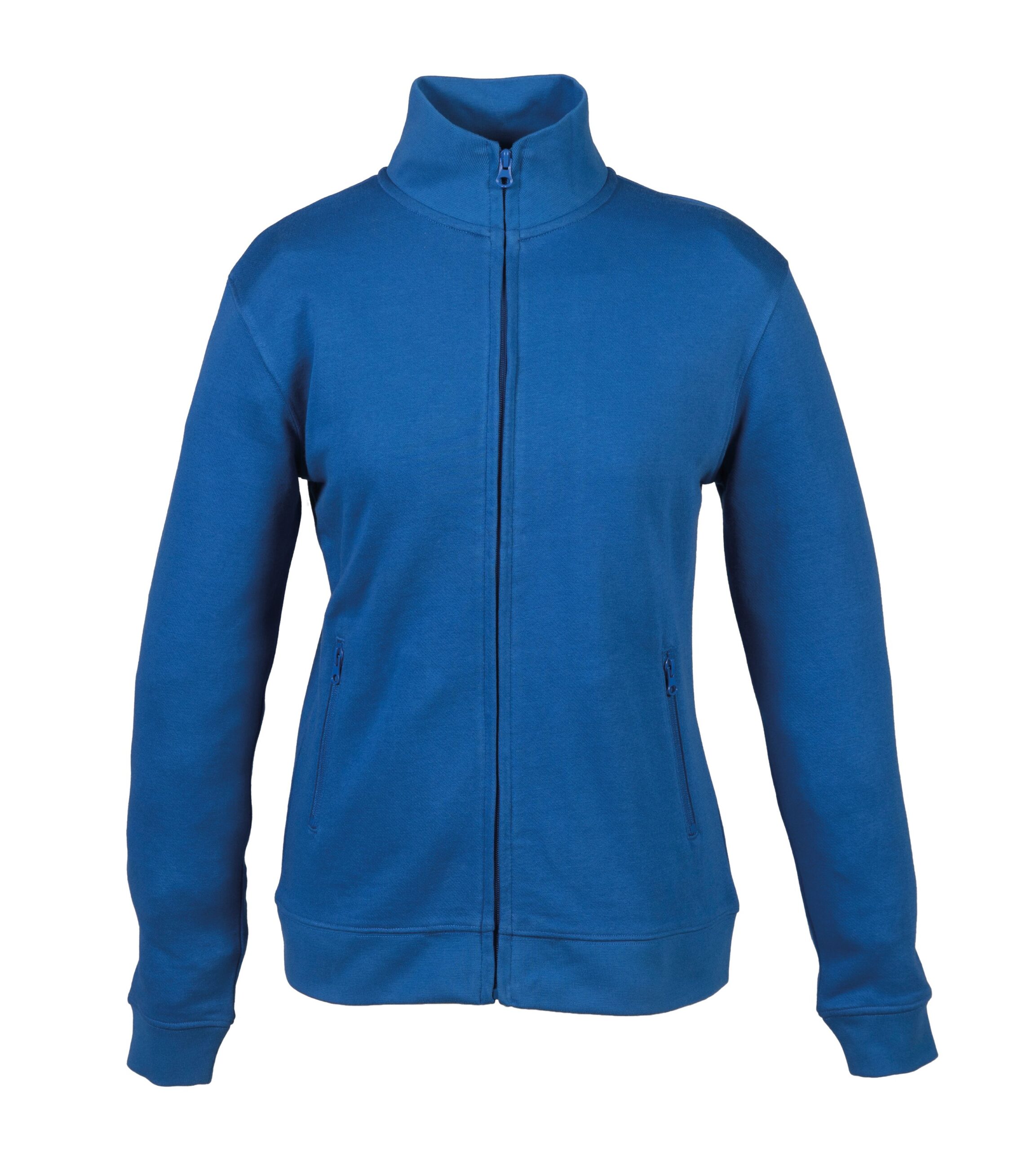 Felpa blu uomo con zip frontale, collo alto e tasche laterali con zip, stile casual e confortevole.