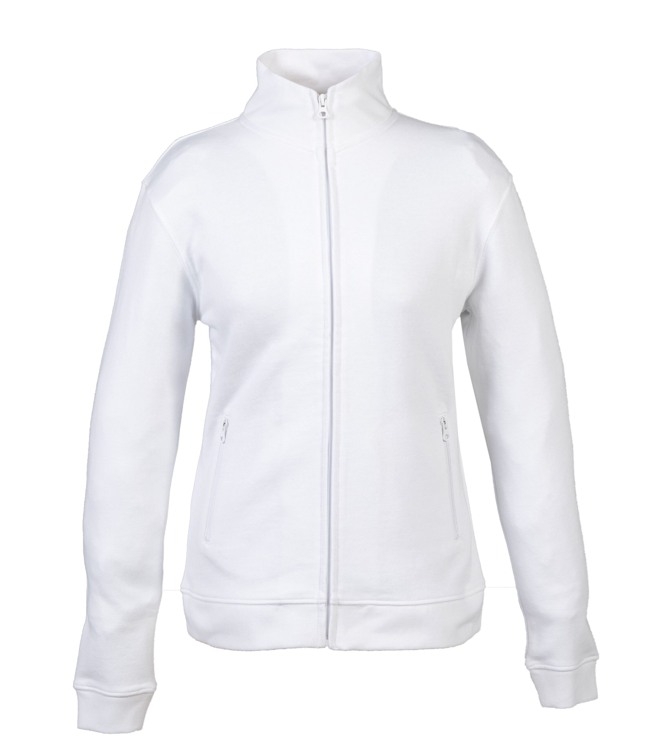 Felpa bianca da donna con cerniera frontale e collo alto, tasche laterali con zip, stile casual e sportivo.