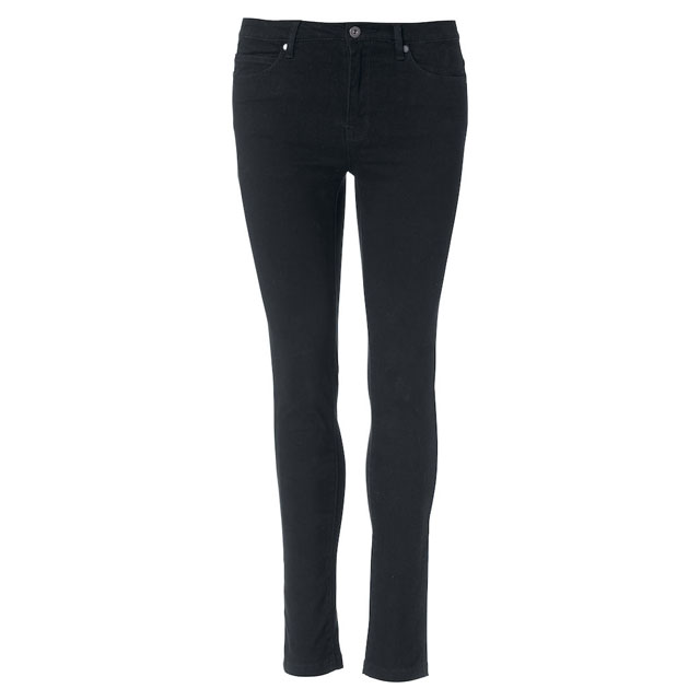 Jeans skinny neri da donna con cinque tasche e chiusura con bottone e zip, stile casual ed elegante.