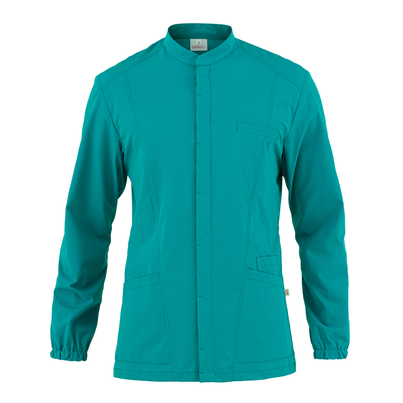 Giacca da lavoro unisex verde acqua con collo alto, chiusura frontale nascosta e tasche funzionali per uso professionale.