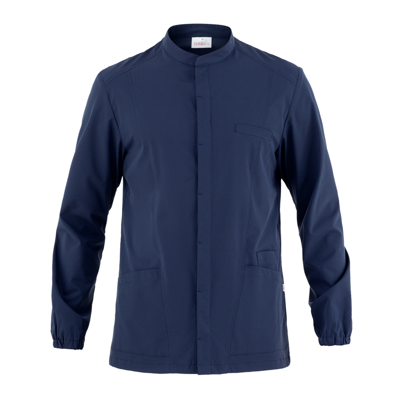 Giacca da chef blu navy con collo alla coreana, chiusura frontale nascosta e tasche laterali elasticizzate.