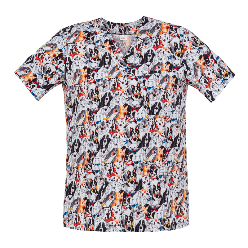 Casacca medica unisex con stampa colorata di volti di cani su sfondo bianco, maniche corte e scollo a V.