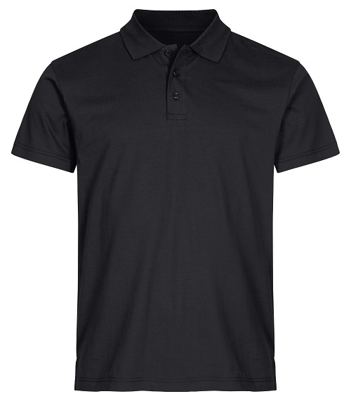 Polo nera da uomo in cotone a maniche corte con colletto e tre bottoni sul davanti, base bianca.