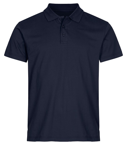 Polo uomo manica corta blu scuro con colletto a costine e tre bottoni frontali, tessuto cotone morbido