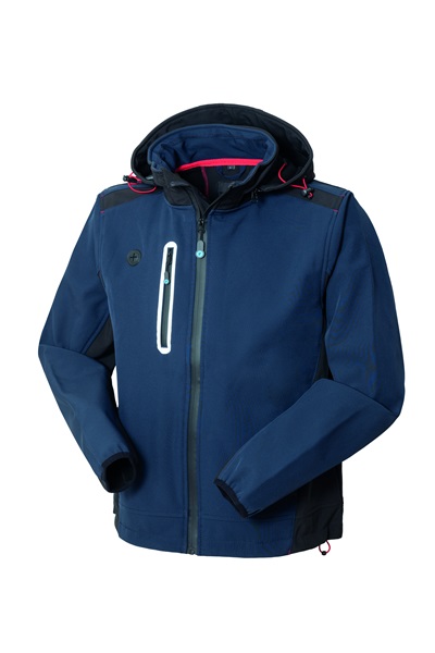 Giacca tecnica blu navy con cappuccio regolabile, cerniera frontale e tasca verticale con zip per attività outdoor