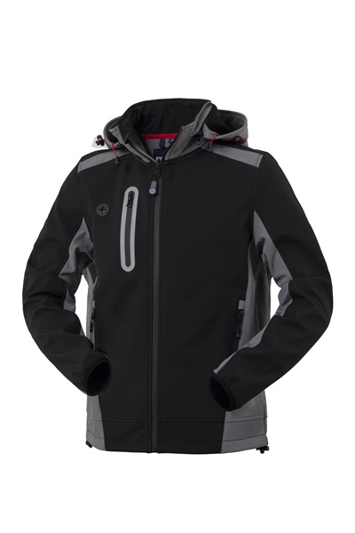 Giacca softshell da uomo nera e grigia con cappuccio regolabile e tasche con zip, ideale per attività all'aperto.