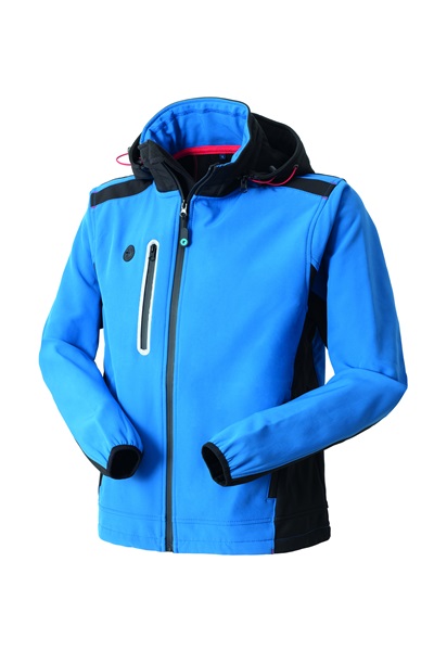 Giacca softshell da uomo azzurra con cappuccio nero e dettagli in tessuto tecnico, zip centrale e tasca con cerniera verticale.