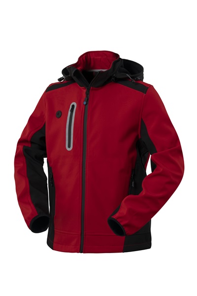 Giacca tecnica da uomo rossa con inserti neri, zip centrale, cappuccio e tasche con zip per outdoor e sport invernali.