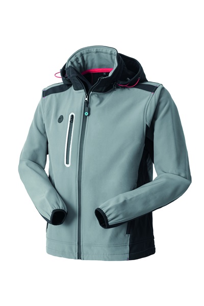 Giacca softshell grigia con cappuccio, zip frontale e dettagli neri e rosa, ideale per attività outdoor e protezione dal vento.