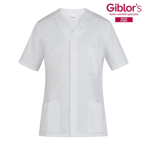 Casacca bianca da lavoro uomo Giblor's con maniche corte e tre tasche frontali, ideale per uso professionale sanitario e tecnico.