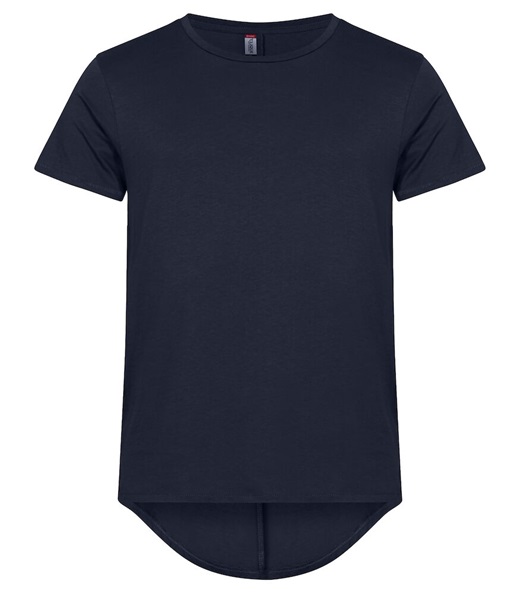 T-shirt blu scuro a maniche corte con taglio lungo sul retro e scollo rotondo in cotonemanualWhat about if I want to write the alt in English and making it more creative but not too much?