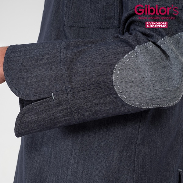 Dettaglio manica giacca da lavoro Giblor's blu con toppa grigia rinforzata e apertura polsino personalizzata