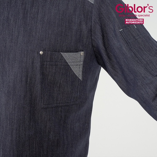 Giacca da lavoro Giblor's in tessuto denim scuro con tasca frontale e dettaglio grigio angolare rinforzato, rivenditore autorizzato.