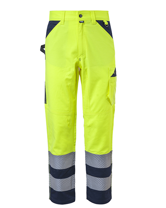 Pantaloni da lavoro alta visibilità giallo fluorescenti con inserti blu e bande riflettenti grigie, ideali per sicurezza sul lavoro.