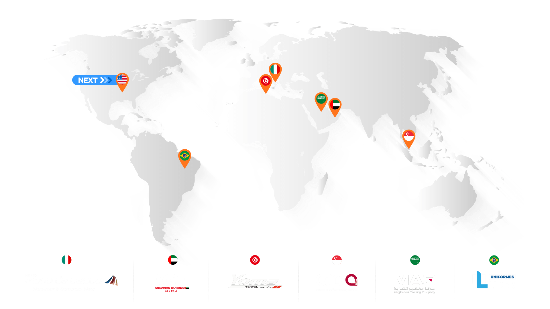 Mappa mondiale con sedi aziendali evidenziate per Mario De Cecco, IGT, Yoma, Aipo, MAG e Uniformes Lider in diversi paesi.