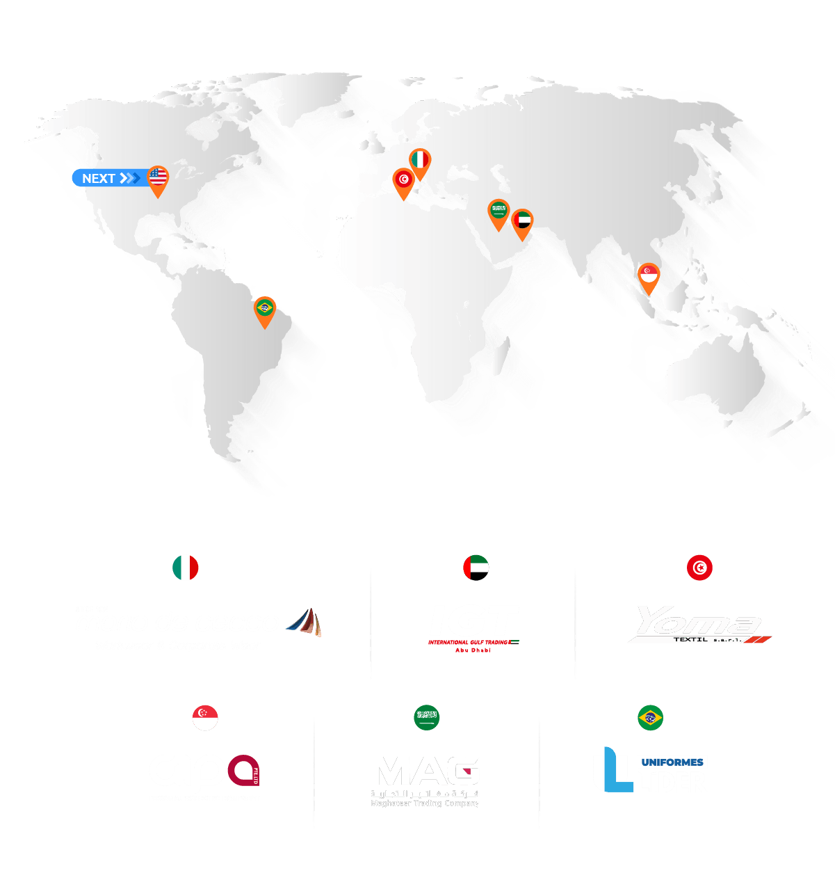 Mappa mondiale con localizzatori dei brand Mario De Cecco, IGT Abu Dhabi, Yoma Textil, Aipo, MAG e Uniformes Lider nei rispettivi paesi.