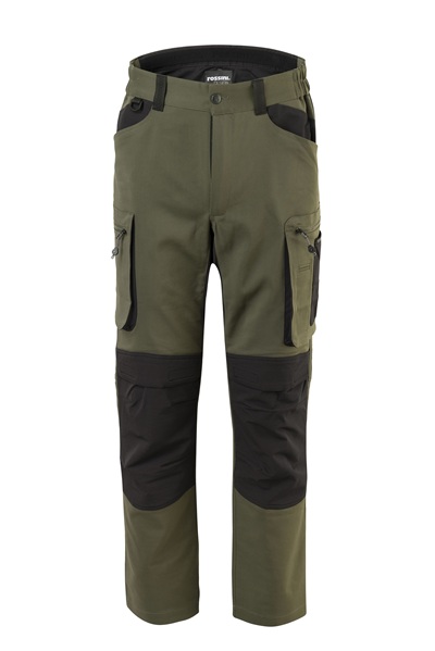 Pantaloni da lavoro verdi con rinforzi neri sulle ginocchia e tasche laterali con zip per uso outdoor e attività manuali.