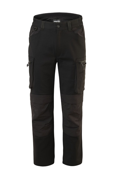 Pantaloni da lavoro neri con tasche multiple e rinforzi sulle ginocchia, ideali per attività outdoor e professionali.